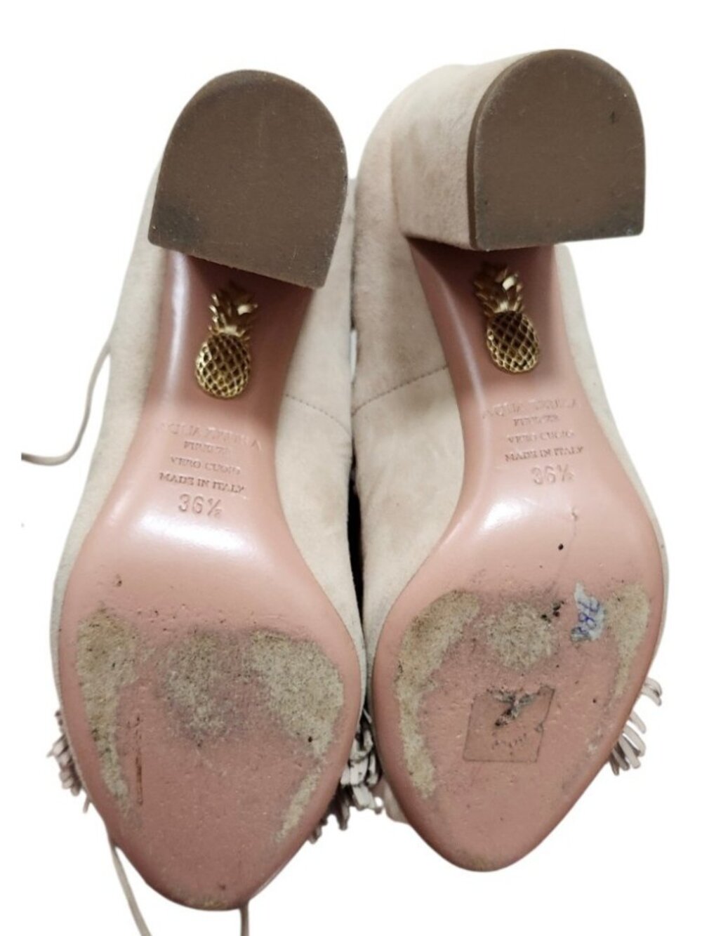 Aquazzura Wild Thing Fringe Suede Lace Up Block Heel Pumps Beige EU 36.5 US 6 - Picture 9 of 12